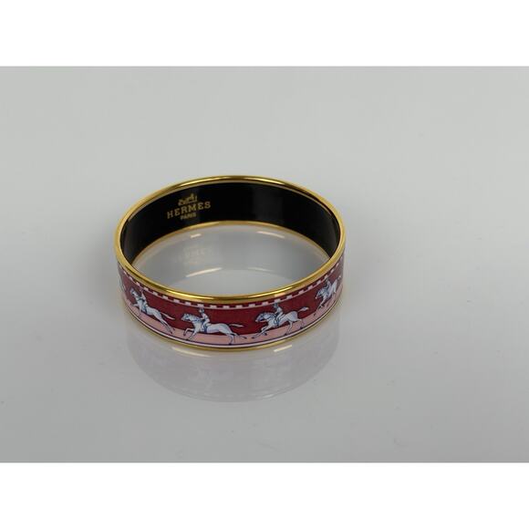 Hermès Wide Enamel Bangle Bracelet – Burgundy & Pink (Horse Motif) - Picture 9 of 10